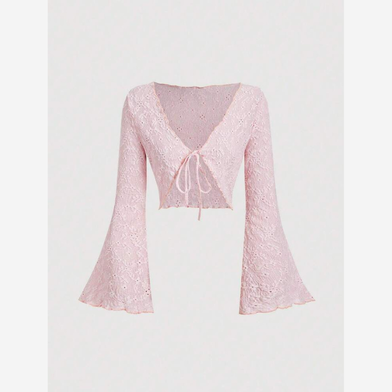 MOD Retro V-Neck Cropped Flare Sleeve Tie-Front Top - Summer Top - Size Small