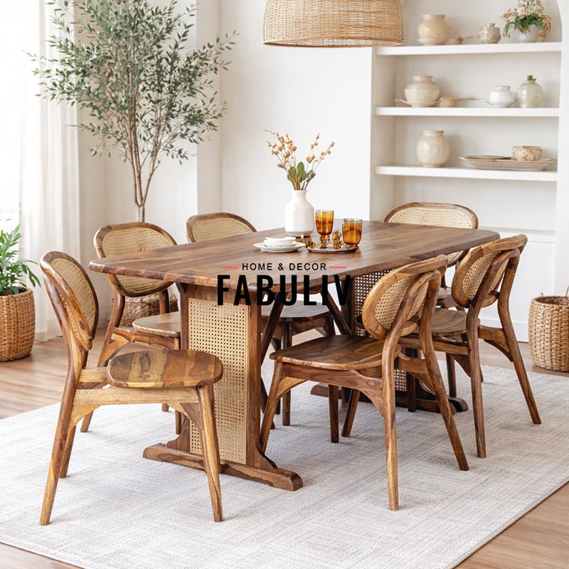 Lucas Rattan Sheesham Wood 6 Seater Dining Table with 6 Chairs