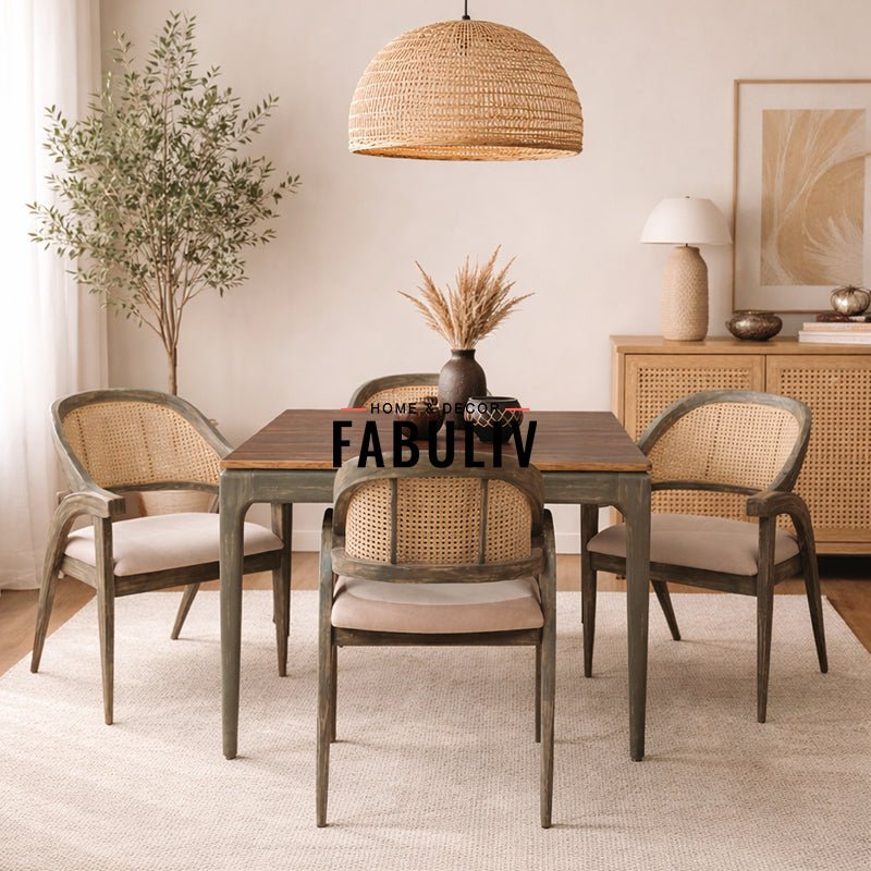 Kawung Solid Wood 4 Seater Dining Table with 4 Chairs