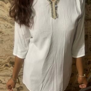 Women’s White Kurti with Elegant Neck Embellishment  Size M