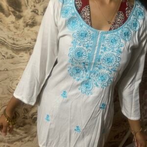 Women’s White Kurti with Sky Blue Embroidery Size 38