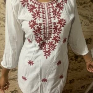 Women’s White Kurti with Red Embroidery