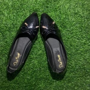 Black Glossy Bow Pointed Toe Women’s Flats