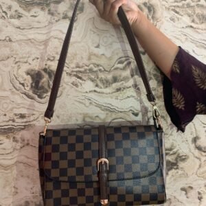 Brown Checkered Buckle Shoulder Bag